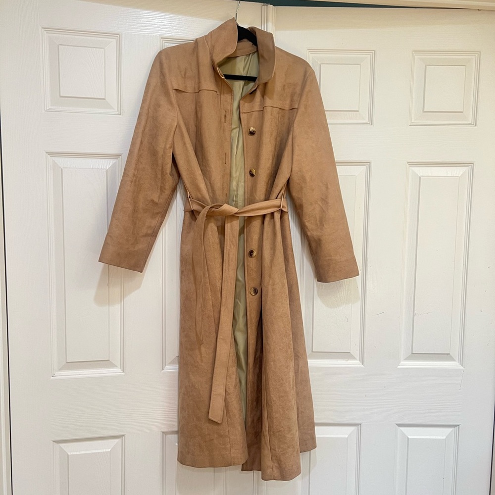 Suede Minimalist Lightweight Tan trench belted coat side pockets full lined M
